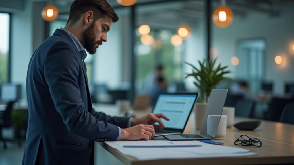 Accountant at standing desk working on computer