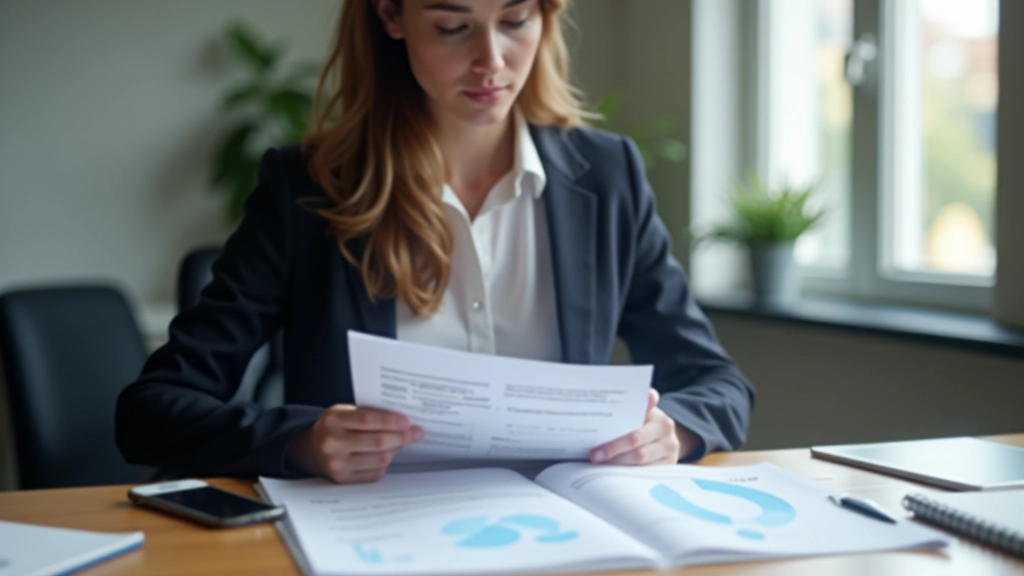 Woman in blazer reviewing printed financial documents at desk